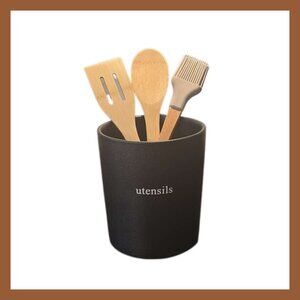 UTENSILS Black Ceramic Crock Holder Modern Farmhouse Kitchen Organizer 7"